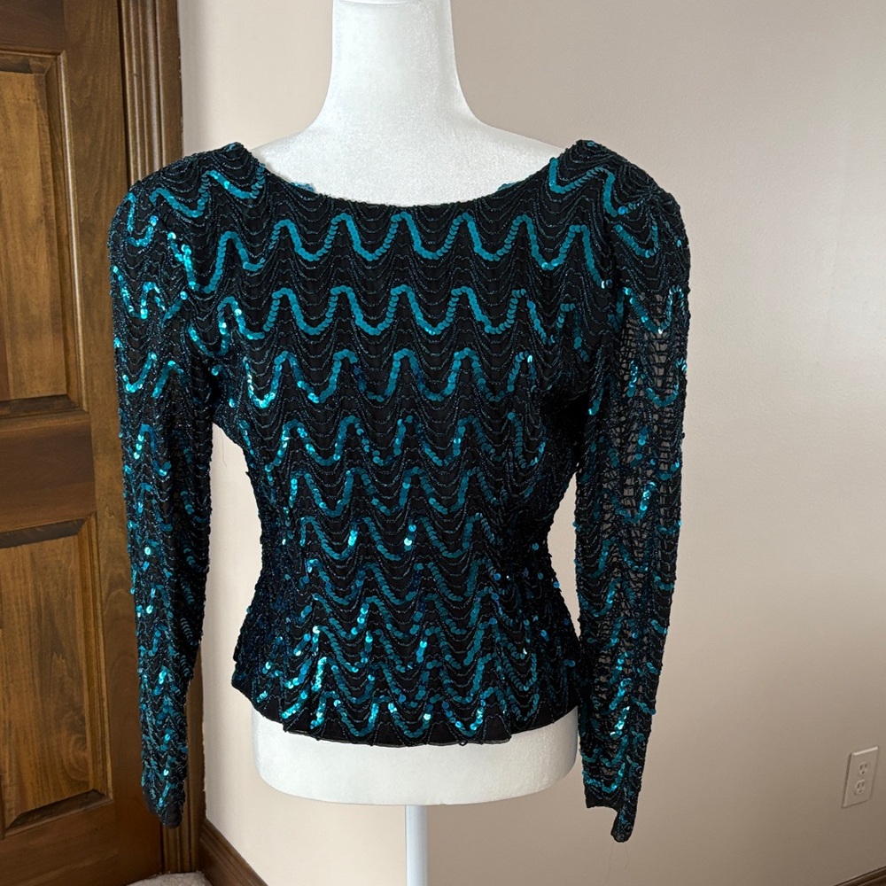 Chic Black and Teal Sequin Women's Blouse